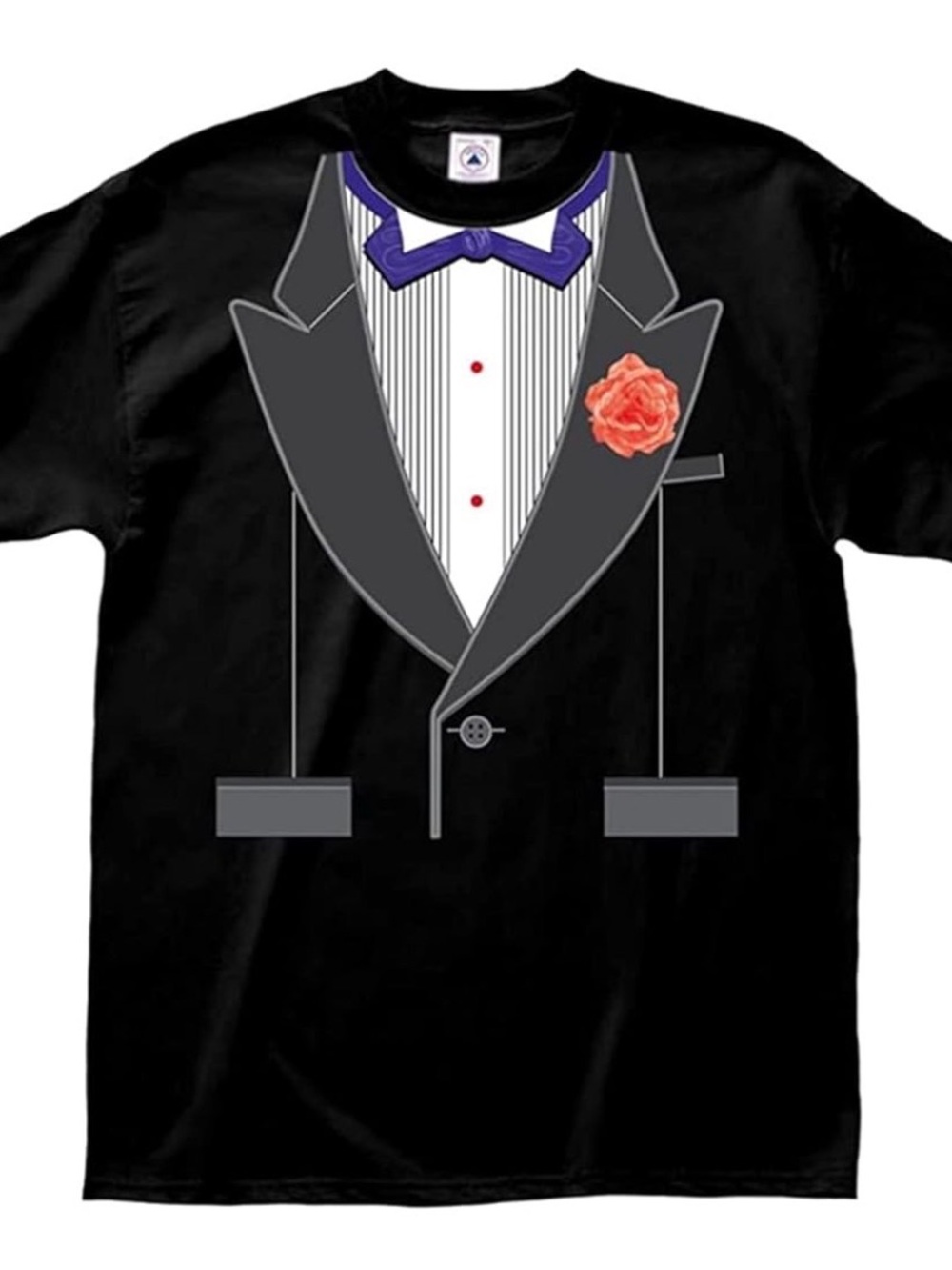 Base Line MenXL Black Novelty Tuxedo Graphic Tee with Purple Bow and Coral Rose